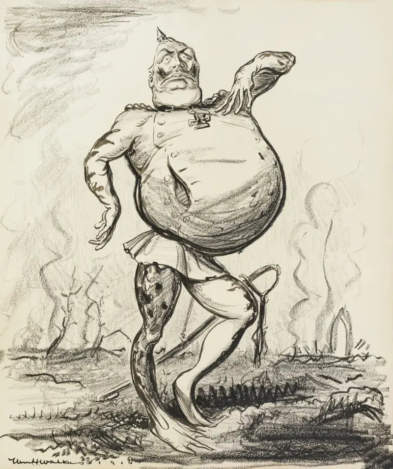 Kaiser Wilhelm II als Frosch mit aufgeblähtem Bauch über einem zerstörten, rauchenden Feld von William Henry Walker