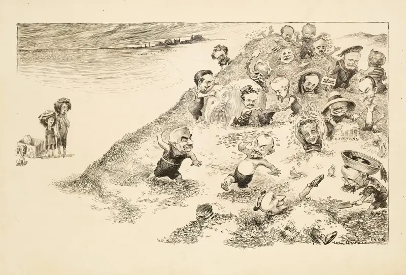 Män, däribland Andrew Carnegie, leker på en strand av mynt, iakttagna av tre fattiga barn och deras hundar av William Henry Walker