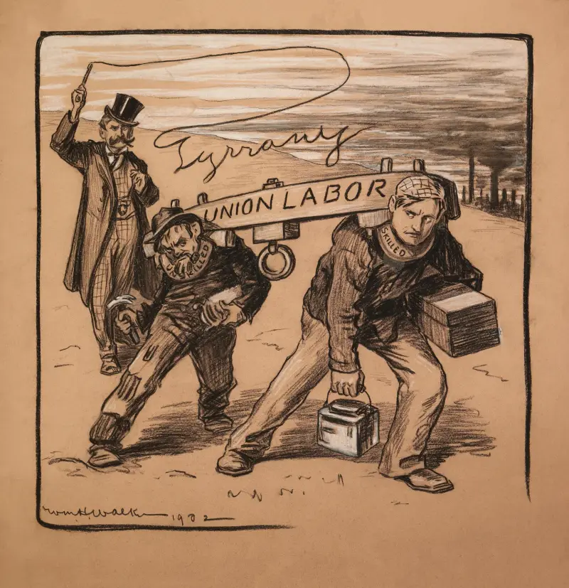 Männer als gelernte und ungelernte Arbeiter, durch ‚union labor‘ aneinandergekoppelt, wobei die ungelernten den gelernten Arbeiter zurückhalten von William Henry Walker