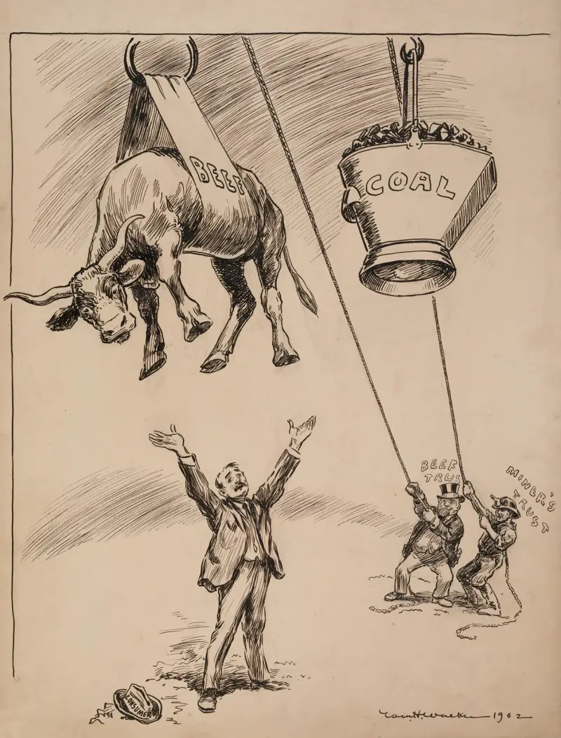 Männer, die die Fleisch- und Minentrusts vertreten, ziehen Rindfleisch und Kohle außer Reichweite eines Mannes, der die Verbraucher vertritt von William Henry Walker