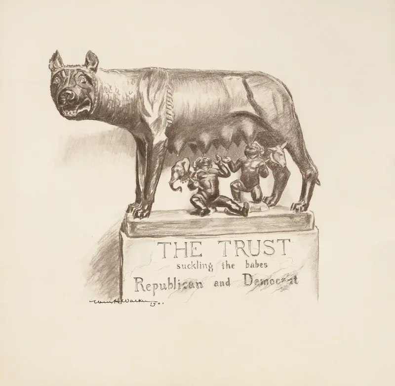 Von einem Wolf gesäugte Männer, die die Demokratische und die Republikanische Partei vertreten, wobei der Wolf die Trusts vertritt von William Henry Walker