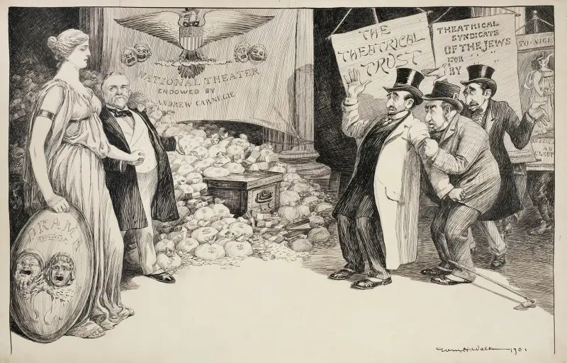 Männer mit Schildern „Theatrical Trust“ und „Theatrical Syndicate of the Jews“, erschreckt durch die Annäherung einer Frau als Verkörperung des Dramas von William Henry Walker