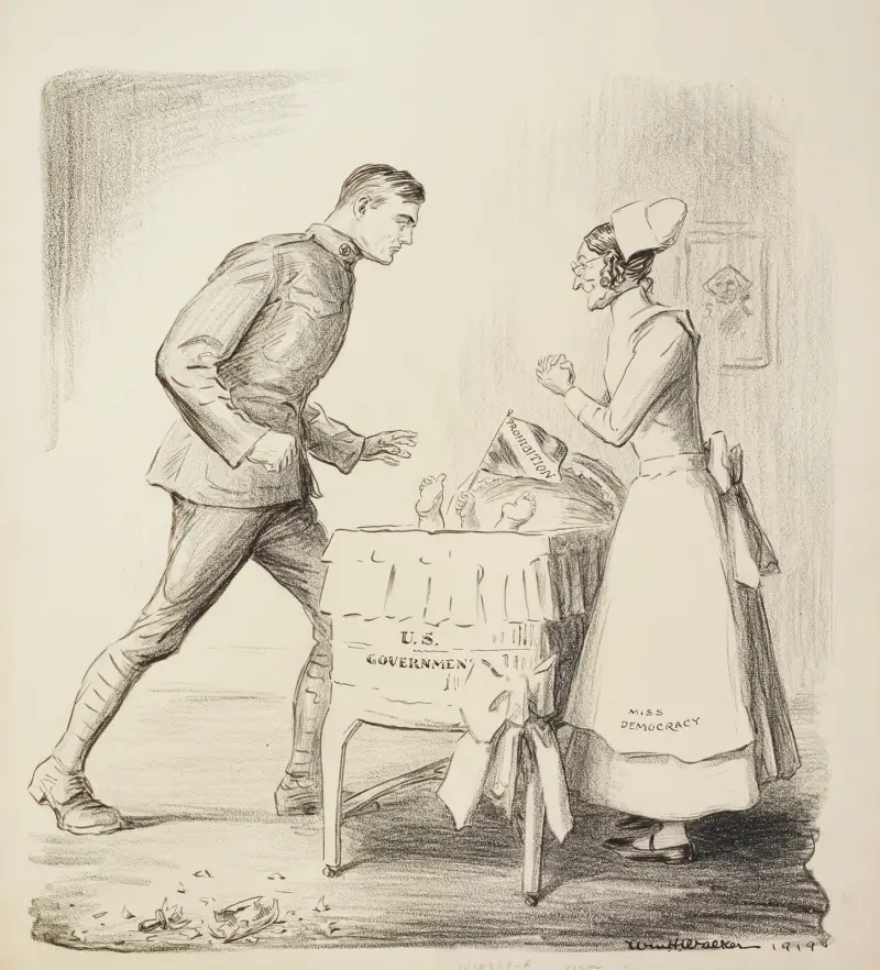 Miss Democracy als Krankenschwester pflegt ein Baby, das die Prohibition symbolisiert, in einem Kinderbett, das die US-Regierung darstellt von William Henry Walker