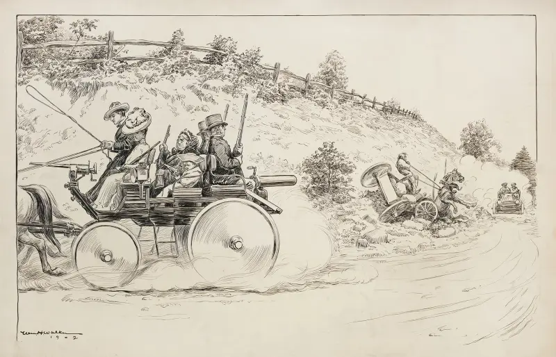 Motorists cause a horse and wagon to crash, but approach another wagon where each member of the family carries a gun for protection. av William Henry Walker