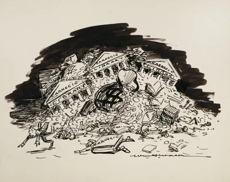 Menschen werden von herabstürzenden Carnegie-Bibliotheksgebäuden, Büchern und Geld zermalmt von William Henry Walker