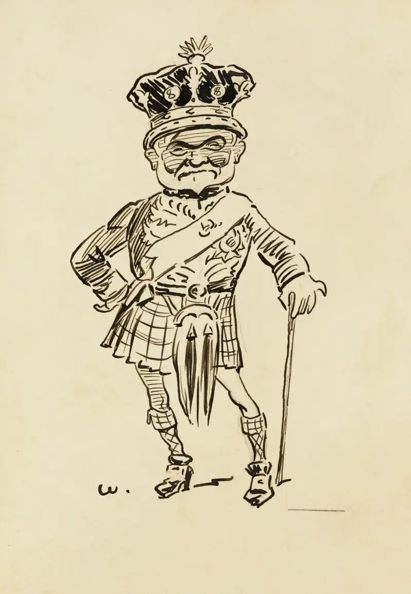 Porträtt av en man i skotsk kilt och krona. Förmodligen Andrew Carnegie. av William Henry Walker