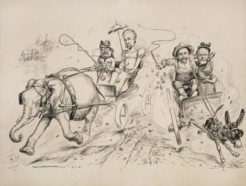 Präsident Theodore Roosevelt und Vizepräsidentschaftskandidat Charles Fairbanks (als Frau dargestellt) fahren gemeinsam in einer Kutsche von William Henry Walker