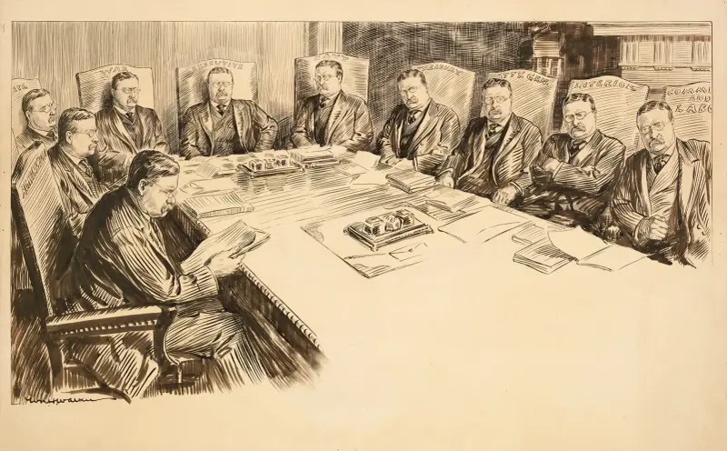 Prezydent Theodore Roosevelt na posiedzeniu swego gabinetu, przy czym każdy członek gabinetu jest przedstawiony jako Roosevelt, William Henry Walker