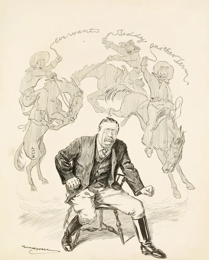 Präsident Theodore Roosevelt, bereit seinen Stuhl zu verlassen, wird von drei Cowboys heimgesucht, die den Westen repräsentieren von William Henry Walker