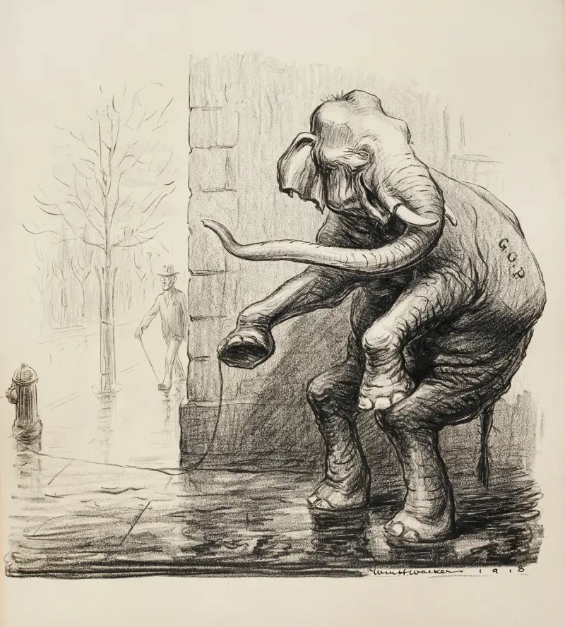 President Woodrow Wilson går lugnt nerför gatan medan Republikanernas elefant gömmer sig runt hörnet av William Henry Walker