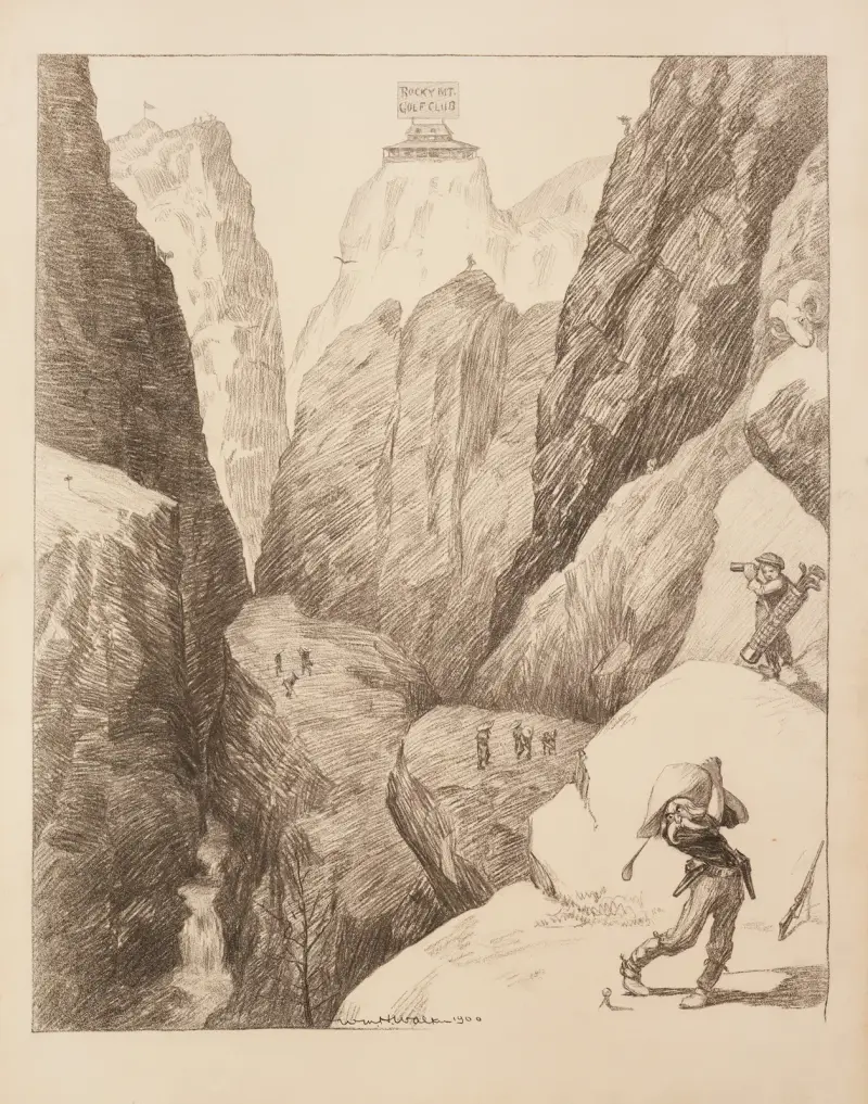 Postacie próbujące grać w golfa w stromych górach w 'Rocky Mt. Golf Club', William Henry Walker