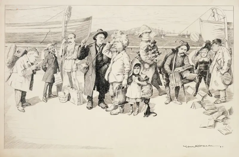 Kilka postaci historycznych na nabrzeżu, w tym Mark Twain, Joel Chandler Harris i Frances Hodgson Burkett, William Henry Walker