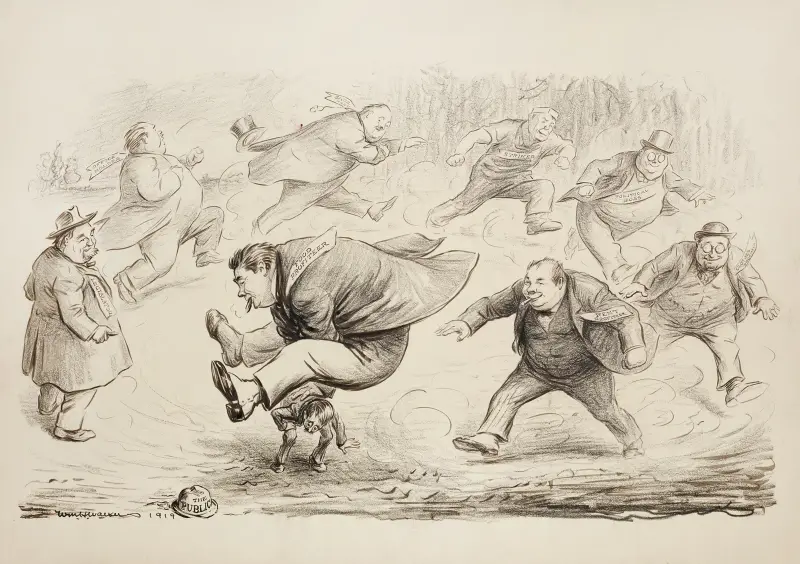 Flera stora män springer i en cirkel och hoppar över en liten man som representerar allmänheten och förtrycker honom av William Henry Walker