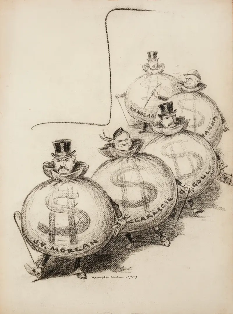 Mehrere Männer als pralle Geldsäcke dargestellt; J.P. Morgan, Andrew Carnegie, G. Gould, Hanna und Vanderbilt von William Henry Walker