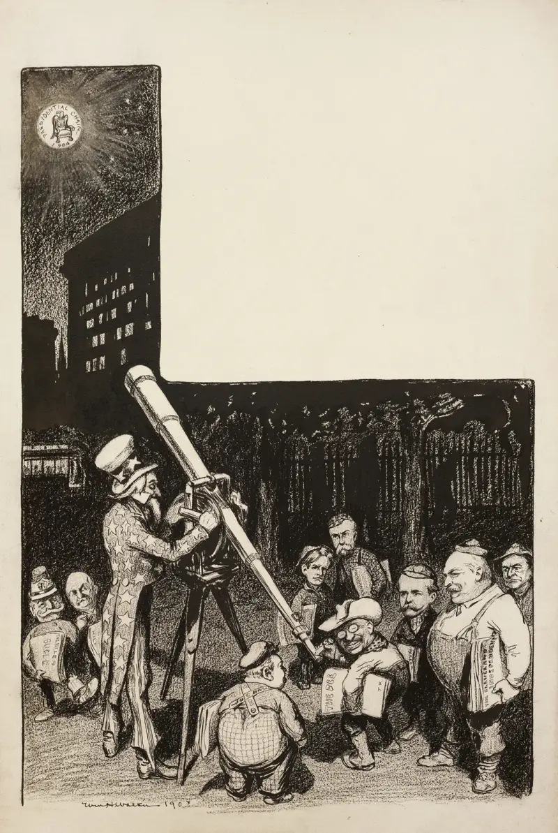 Mehrere Männer stehen Schlange, um durch ein von Uncle Sam betriebenes Teleskop zum Mond zu schauen, auf dem der Präsidentenstuhl steht von William Henry Walker