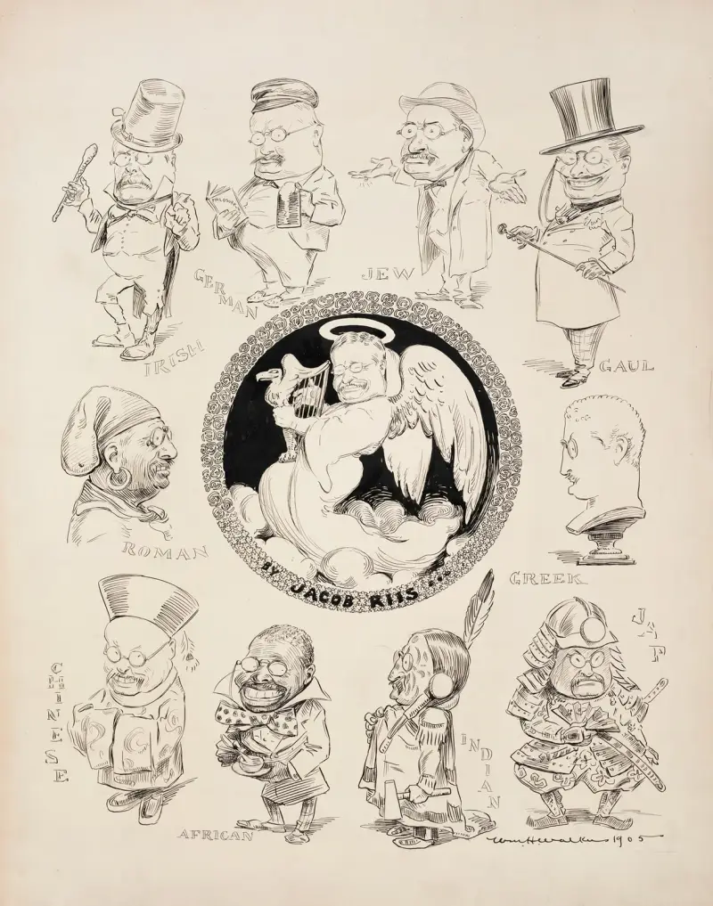 Mehrere Porträts von Theodore Roosevelt als verschiedene Ethnien. In der Mitte ist er als Engel dargestellt. von William Henry Walker