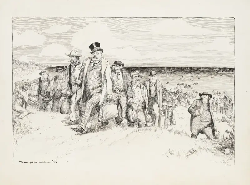 Skeppslaster av män, möjligen irländare, landar på en strand. Första stället många stannar på är en saloon. av William Henry Walker