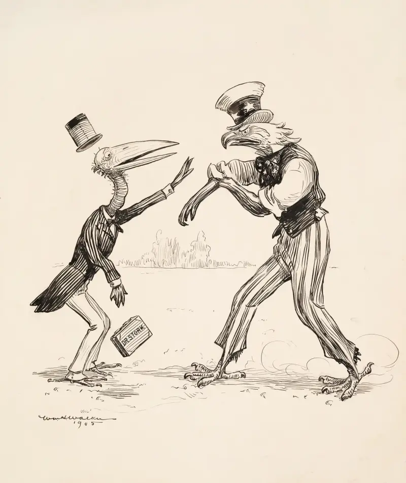Der amerikanische Adler bereitet sich auf den Kampf gegen einen verängstigten Doktor Stork vor von William Henry Walker