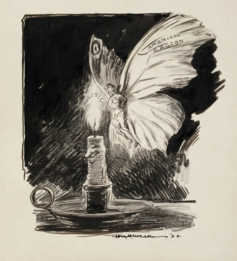 The American Legion depicted as a moth drawn to the flame of a candle which represents politics. av William Henry Walker