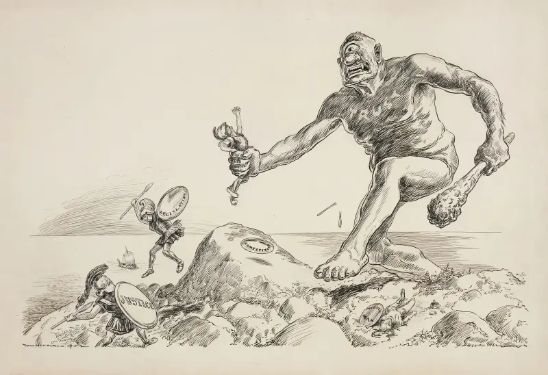 The Cyclops, representing the Trusts, fights soldiers representing justice, legislation, competition, and middle men. av William Henry Walker