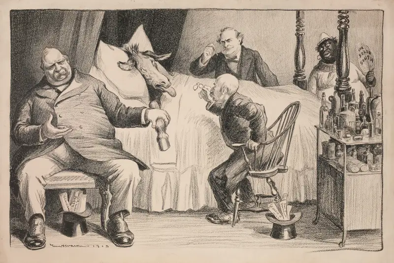 The Democratic Party donkey is ill in bed, tended by doctors Grover Cleveland, David B. Hill, and William Jennings Bryan av William Henry Walker