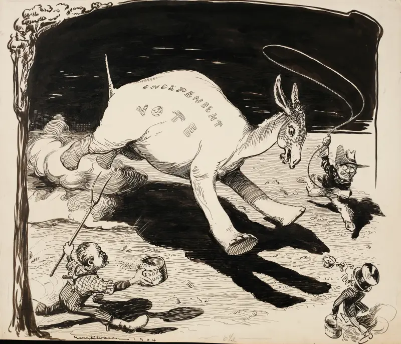 Niezależny głos, przedstawiony jako słoń z głową osła, ścigany przez Theodore'a Roosevelta, Jaskółkę i Ezopa, William Henry Walker