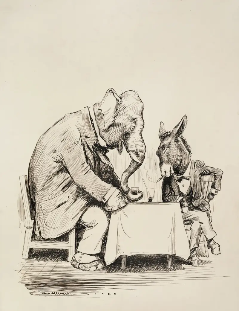 The Republican Party elephant and Democratic Party donkey in suits, sitting together drinking and smoking. av William Henry Walker