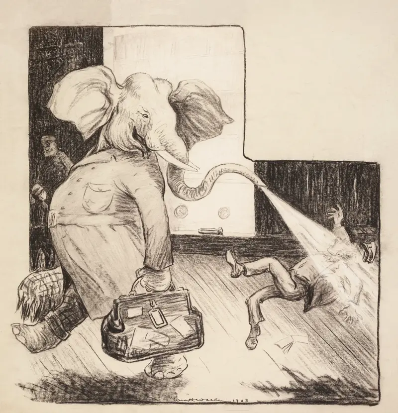 Der Elefant der Republikanischen Partei bespritzt einen hinter ihm gehenden Mann mit Wasser aus seinem Rüssel von William Henry Walker