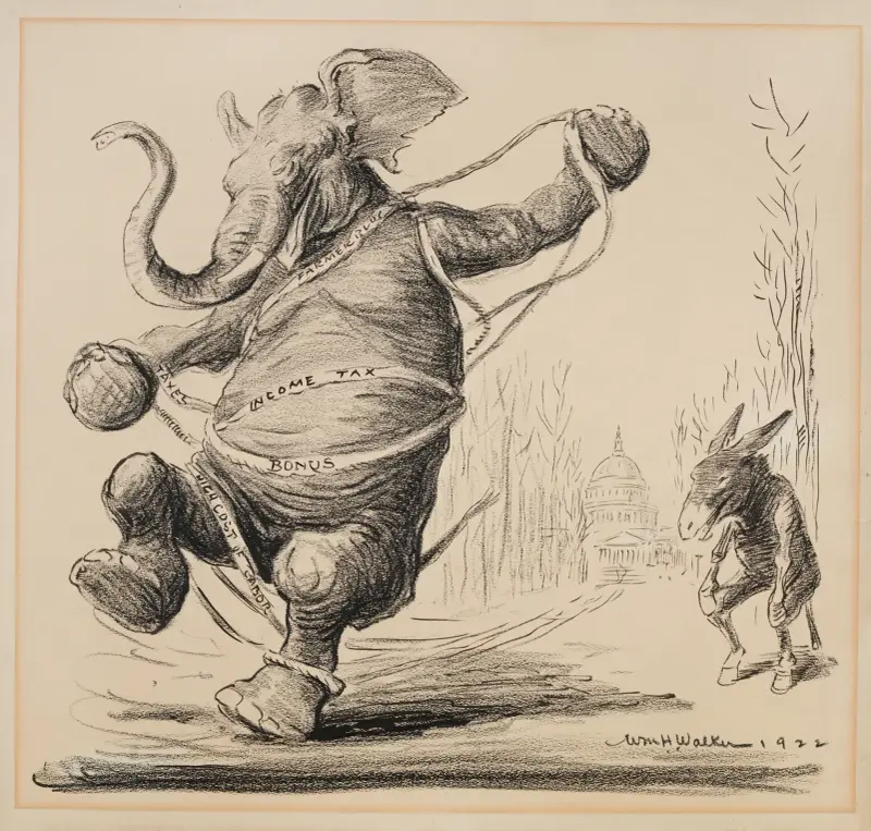 The Republican Party elephant is tangled in ropes representing the farmer bloc, taxes, income tax, bonus, and the high cost of labor von William Henry Walker