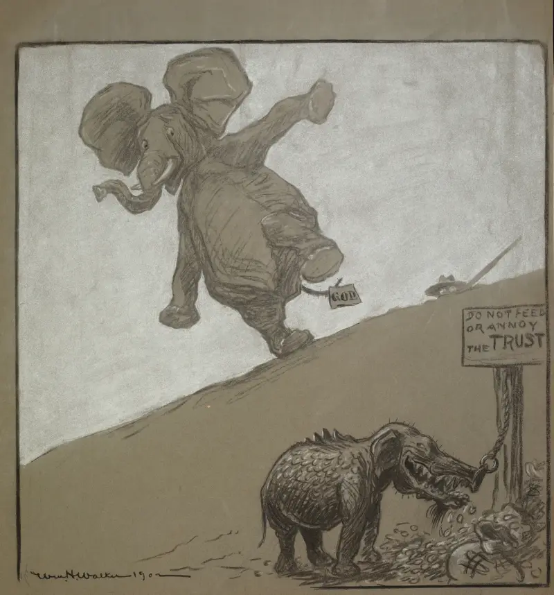 Republikanska partiets elefant reagerar i rädsla på en varelse som är delvis reptil, delvis elefant av William Henry Walker