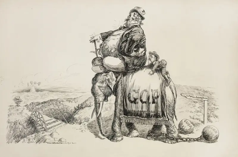 Republikanska partiets elefant kämpar för att ta sig till Washington 1904, med tyngder som representerar Kuba och höga tullar bundna vid fotlederna av William Henry Walker