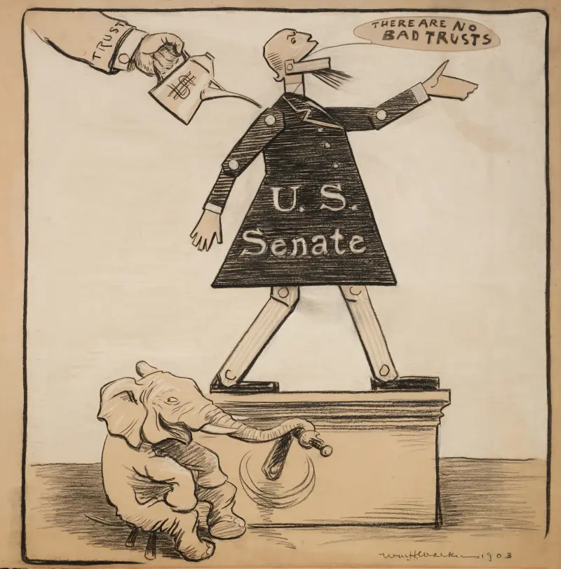 Der US-Senat als mechanisches Spielzeug, das bei jedem Aufziehen sagt: „Es gibt keine schlechten Trusts“ von William Henry Walker
