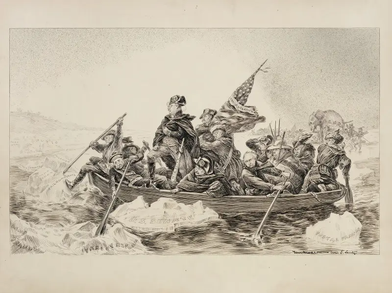 Theodore Roosevelt i jego zwolennicy przedstawieni jako Waszyngton przekraczający Potomac, William Henry Walker