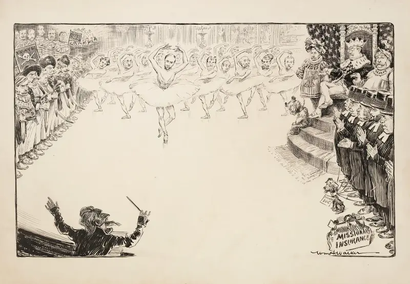 Theodore Roosevelt als König, eine Ballettaufführung einer Gruppe von Männern in Frauenkleidern beobachtend von William Henry Walker