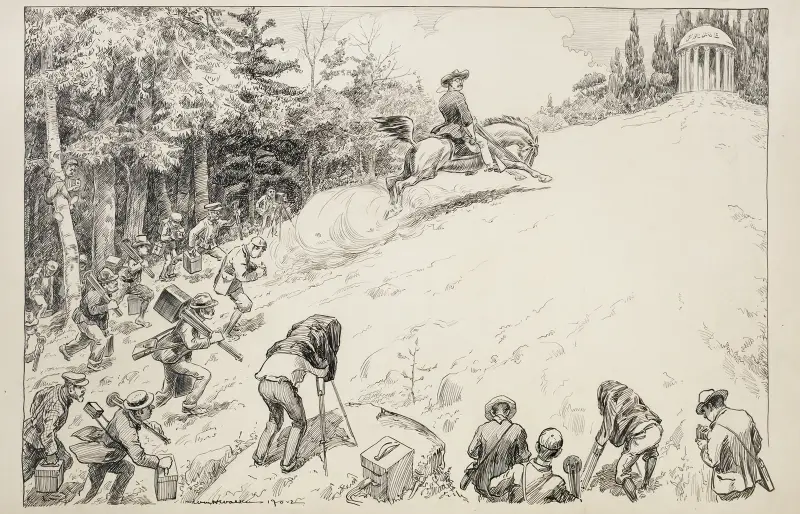 Theodore Roosevelt reitet einen Hügel hinauf zu einem Gebäude, das den Ruhm symbolisiert, gefolgt von einer Gruppe Fotografen statt einer Armee von William Henry Walker