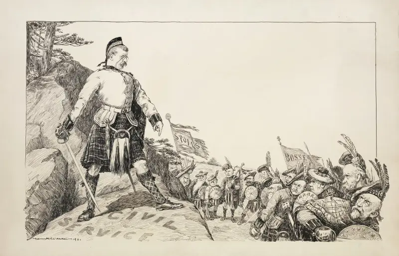 Theodore Roosevelt verteidigt einen Hügel, der den öffentlichen Dienst symbolisiert, gegen eine Armee mit Flaggen mit der Aufschrift „spoils“ und „bosses“ von William Henry Walker