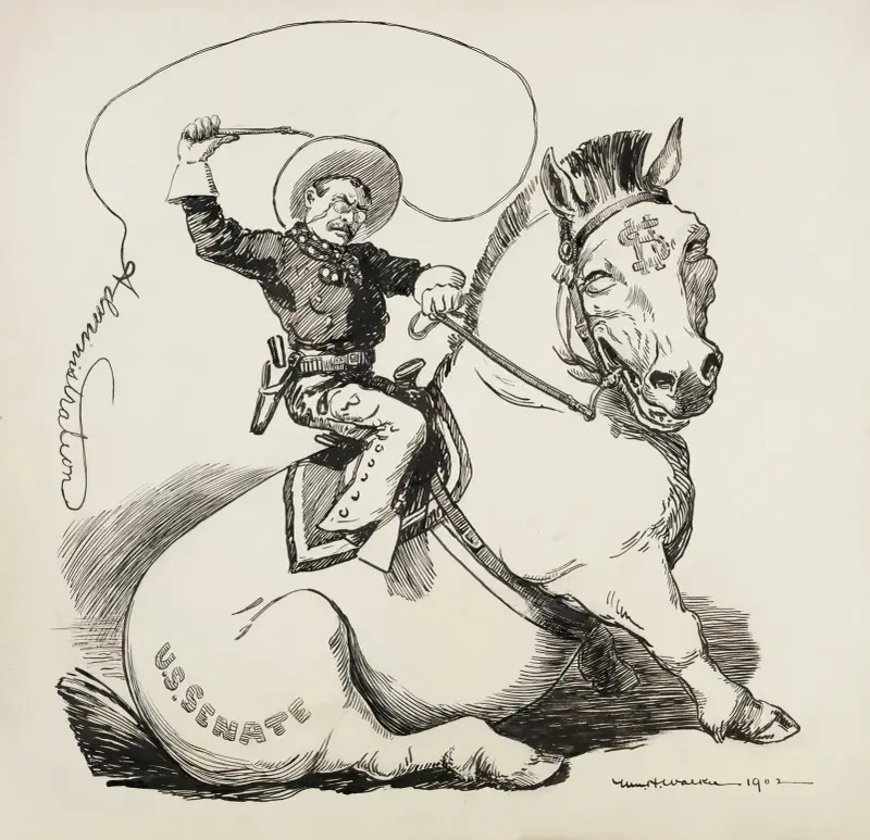 Theodore Roosevelt som cowboy rider på en häst som representerar senaten av William Henry Walker
