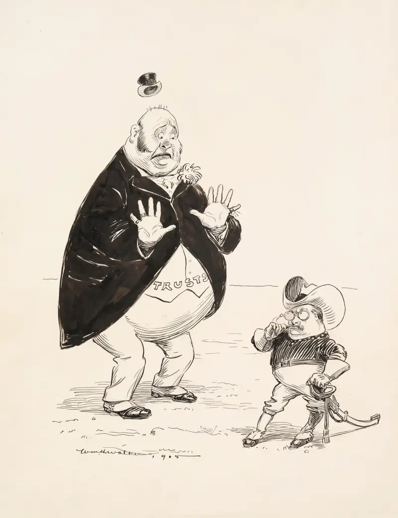 Theodore Roosevelt przebrany za kowboja, z mieczem w ręku, grozi znacznie większemu, przestraszonemu mężczyźnie symbolizującemu Trusty, William Henry Walker