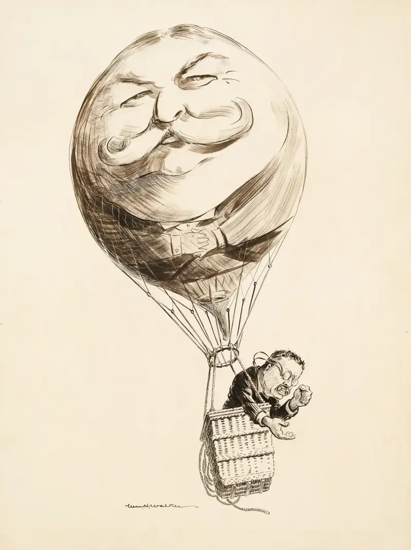 Theodore Roosevelt in a hot air balloon. The balloon is made of William Howard Taft. av William Henry Walker