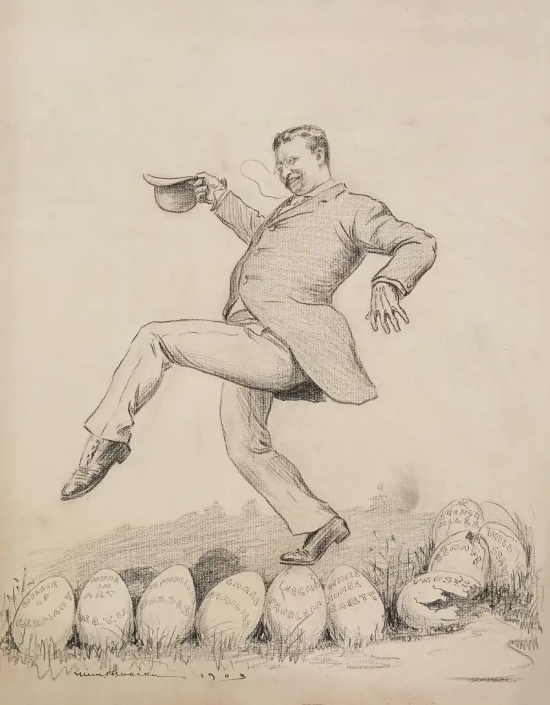 Theodore Roosevelt ostrożnie stąpający po jajkach symbolizujących potencjalne problemy, William Henry Walker