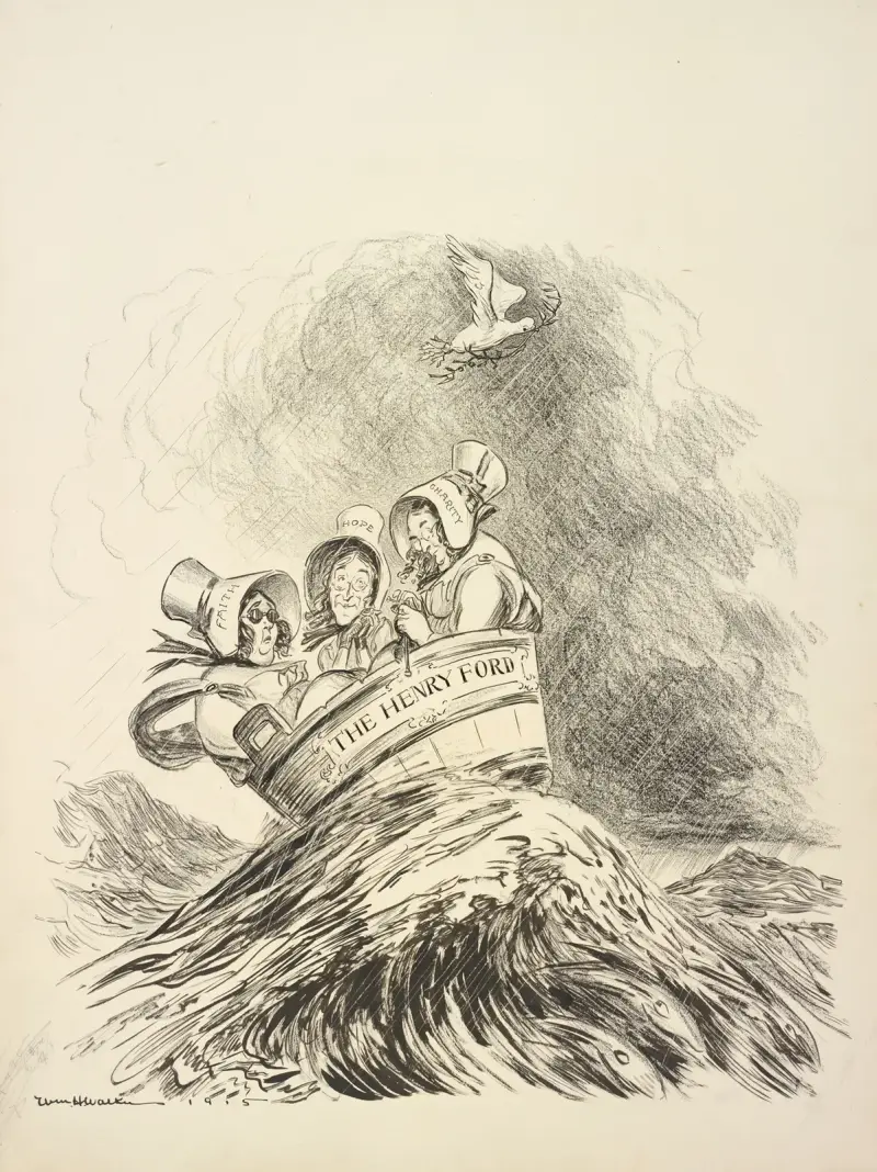 Three men dressed as women with bonnets reading Faith, Hope, and Charity ride on a stormy sea in a washtub labeled ‘The Henry Ford’ av William Henry Walker