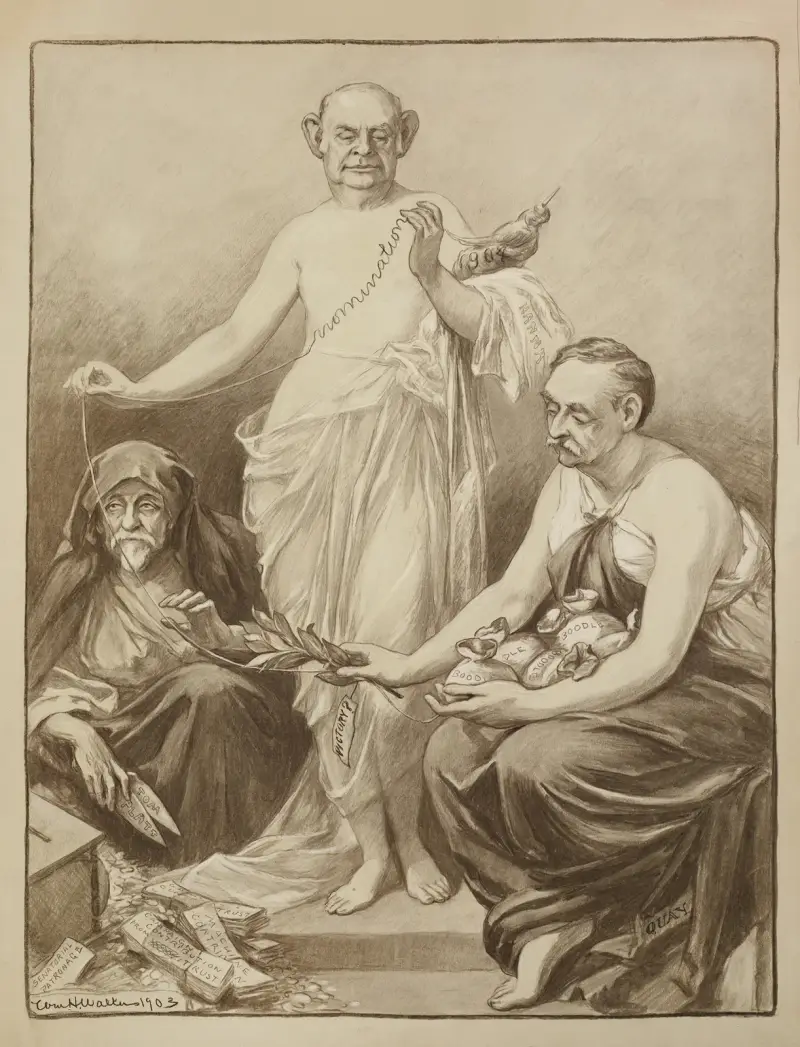 Drei Männer in den Rollen der drei Schicksalsgöttinnen von William Henry Walker