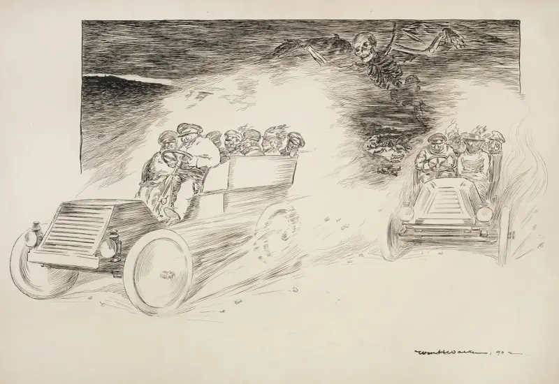 Zwei Autos voller Menschen fahren eine Straße hinunter, ohne die toten Körper auf der Straße hinter ihnen und das über ihnen schwebende Skelett (den Tod) zu bemerken von William Henry Walker