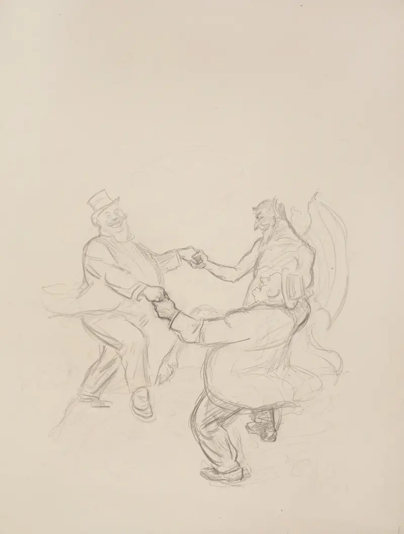 Dwóch grubych mężczyzn w garniturach radośnie tańczy z demonem, William Henry Walker