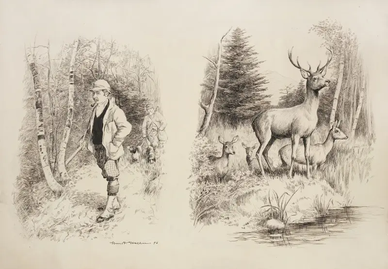 Dwaj myśliwi idą przez las, William Henry Walker