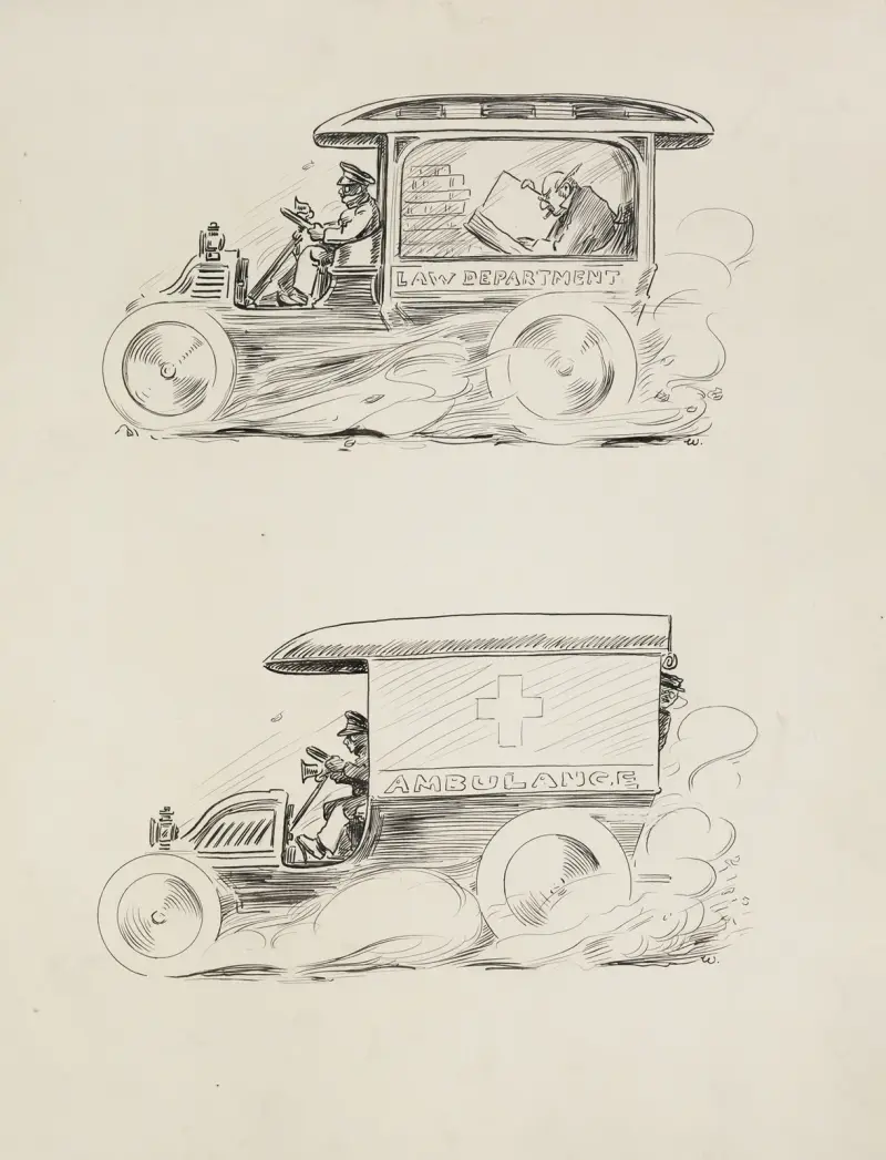 Zwei Bilder eines Fahrzeugs. Auf dem ersten ist es eine Rechtsabteilung; auf dem zweiten ist es ein Krankenwagen. von William Henry Walker