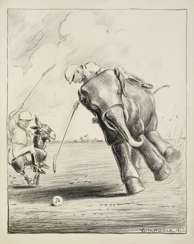 Dwóch mężczyzn grających w polo, jeden na ośle Partii Demokratycznej, drugi na słoniu Partii Republikańskiej, William Henry Walker