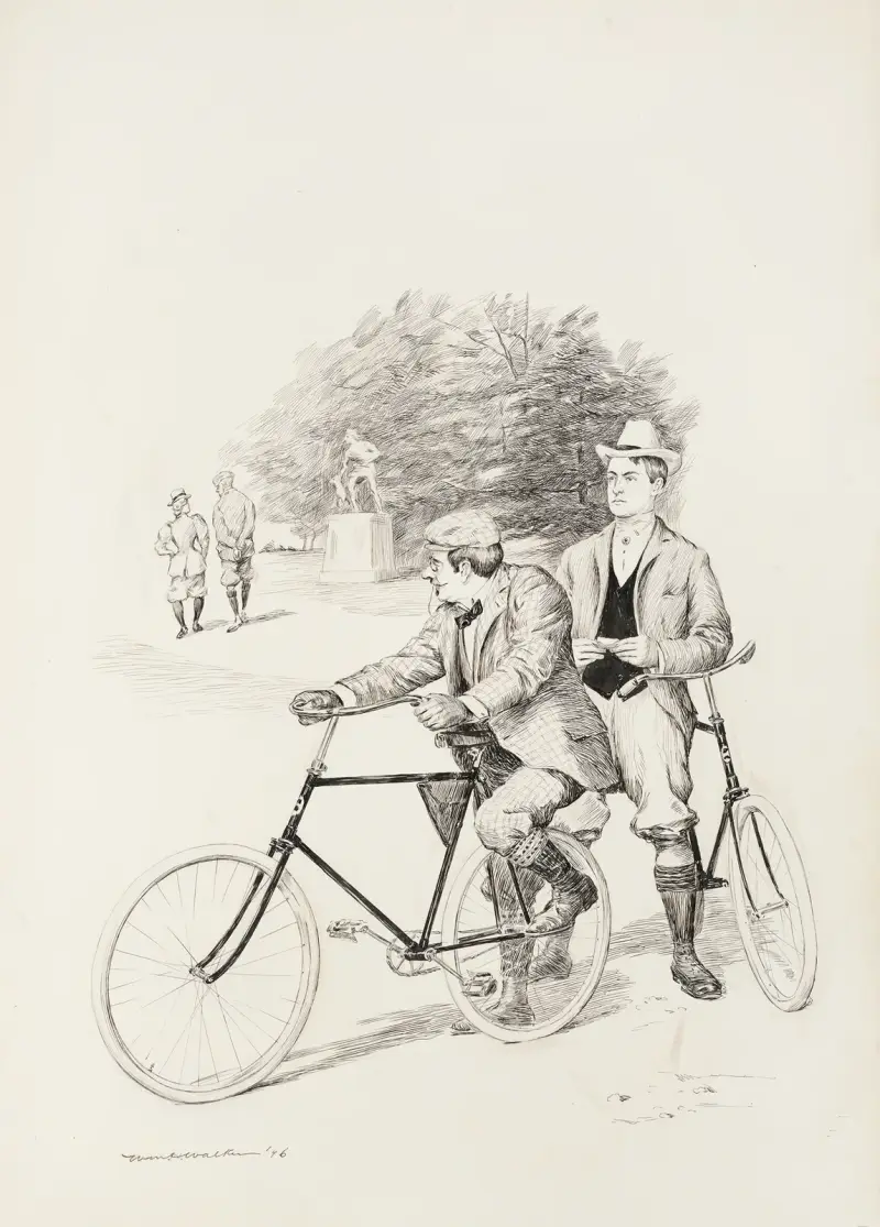 Dwóch mężczyzn z rowerami w parku, William Henry Walker