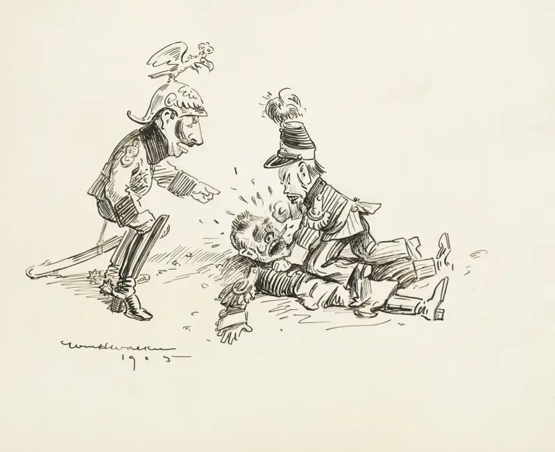 Two military leaders fight, watched by Kaiser Wilhelm II. av William Henry Walker