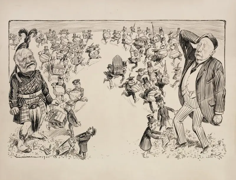 Två filantroper, en av dem Andrew Carnegie, gråter när små arga människor tar tillbaka sina gåvor och avvisar dem av William Henry Walker